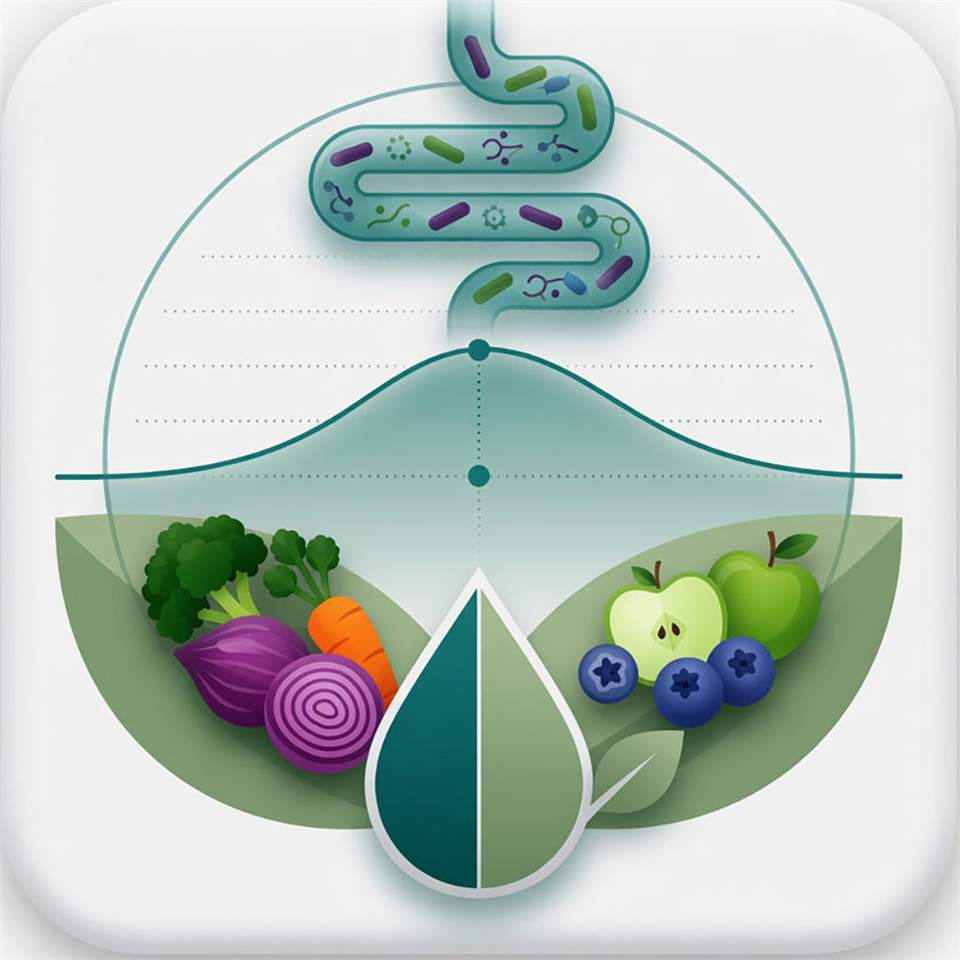 Bloat Bouncer gut health logo — intestines, produce, and resilience curve